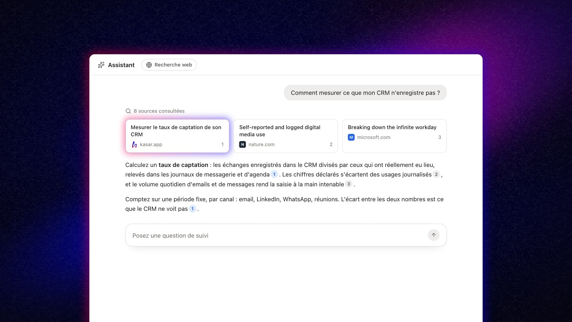An AI answer engine's response citing its sources, with a kasar.app article highlighted.