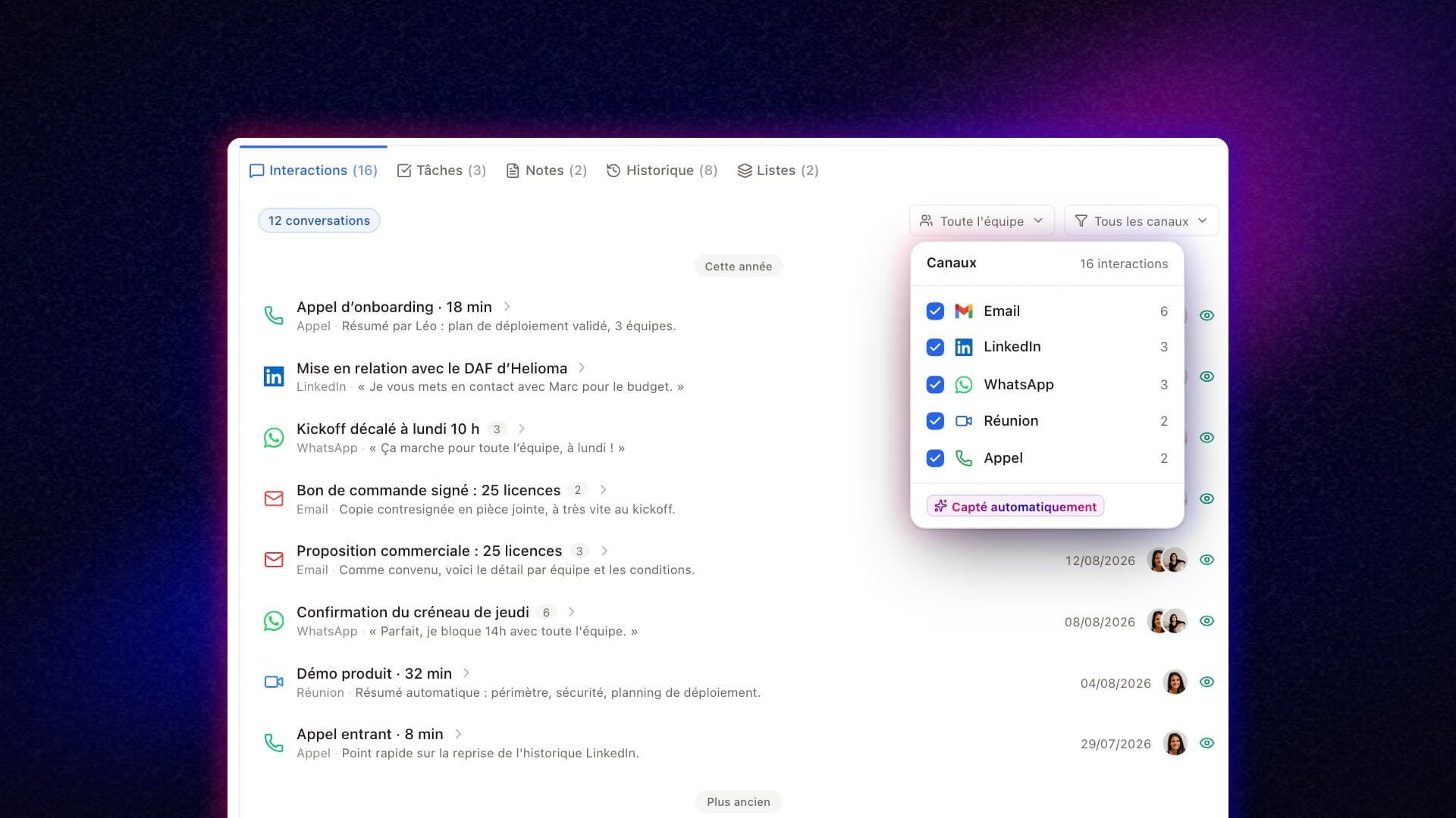 Timeline of a Kasar contact record where emails, LinkedIn and WhatsApp messages, calls and meetings are logged automatically, with a count per channel.