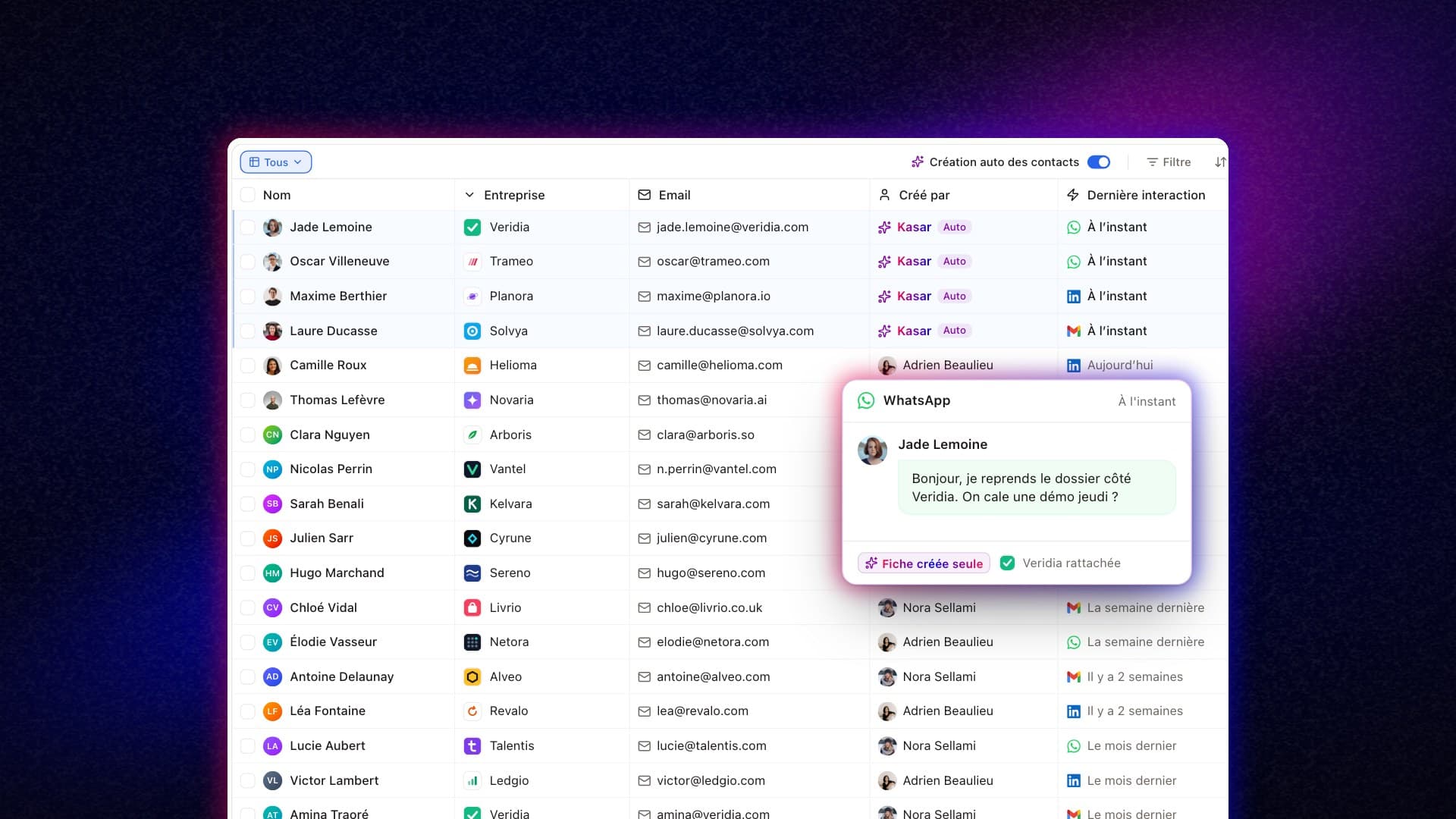 Kasar contact list where new records are created automatically from an email, LinkedIn or WhatsApp message, with no manual entry.